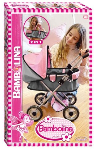 Bambolina doll pram 2-in-1 with canopy - grey/pink